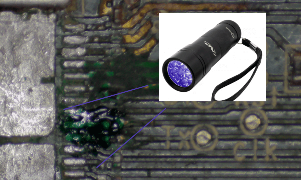 UV Solder Mask Ink to the base and use a UV light for 2–3 minutes to cure the ink and lock the wire in place