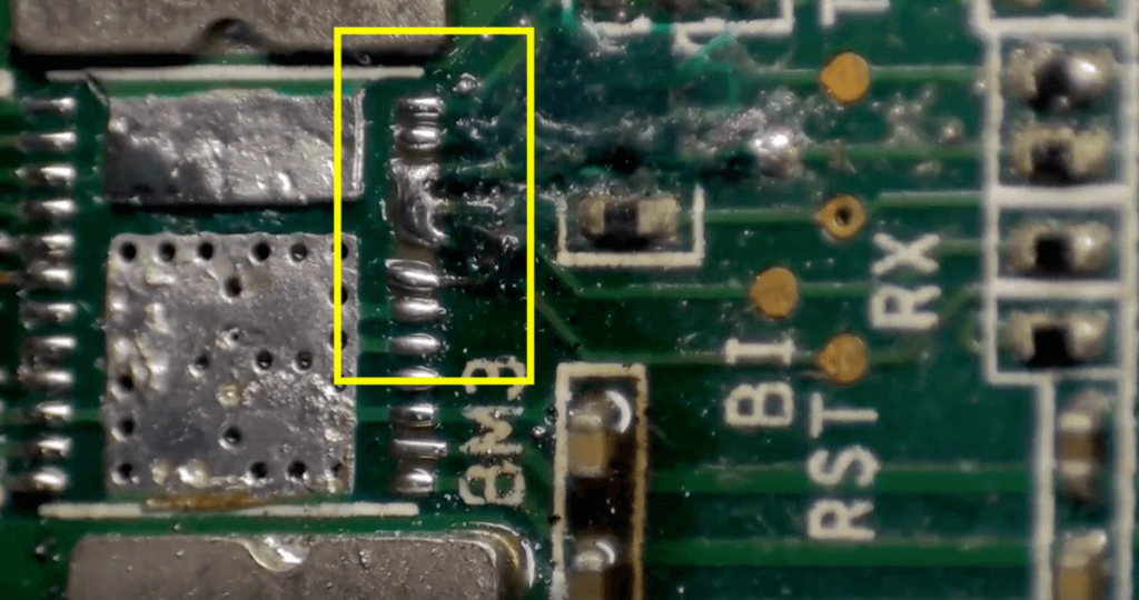 skipping of UV solder mask ink with UV light, it would potentially sticking to neighbouring pins and make bridge.