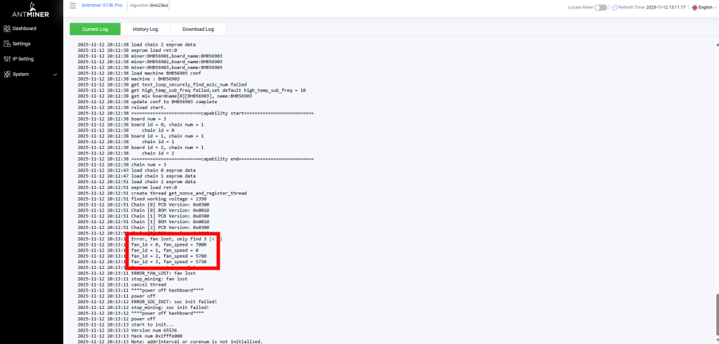 S19K pro logs, fan_id=1, fan_speed=0 error issue