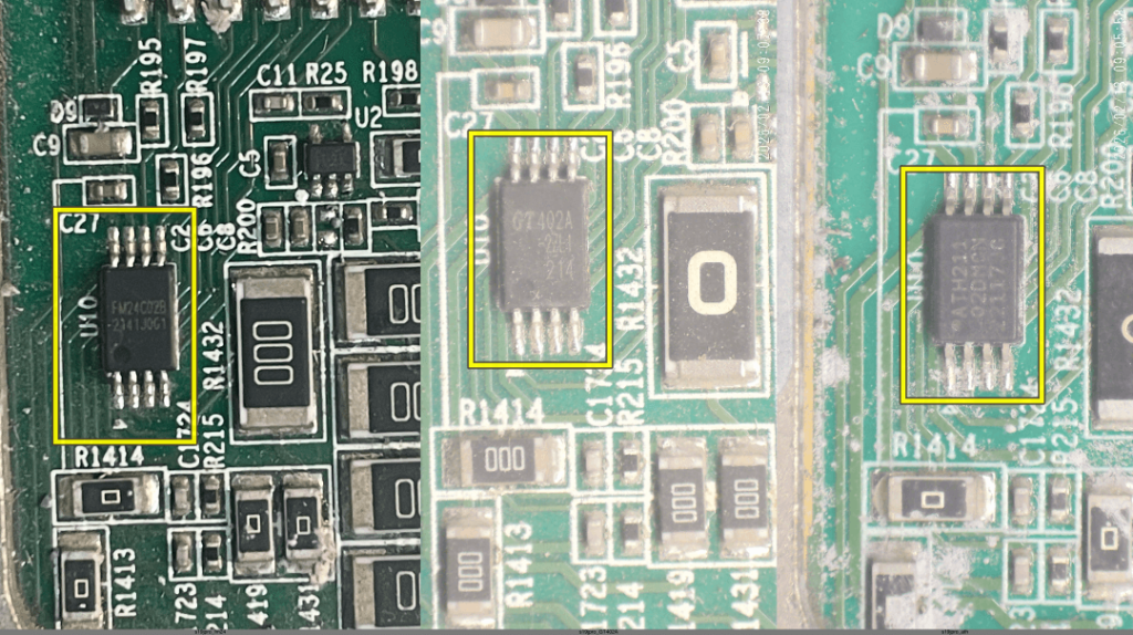 Comparison of different EEPROM chip brands including FM24c02B, GT402A and ATH211 used on Bitmain Antminer hashboards.